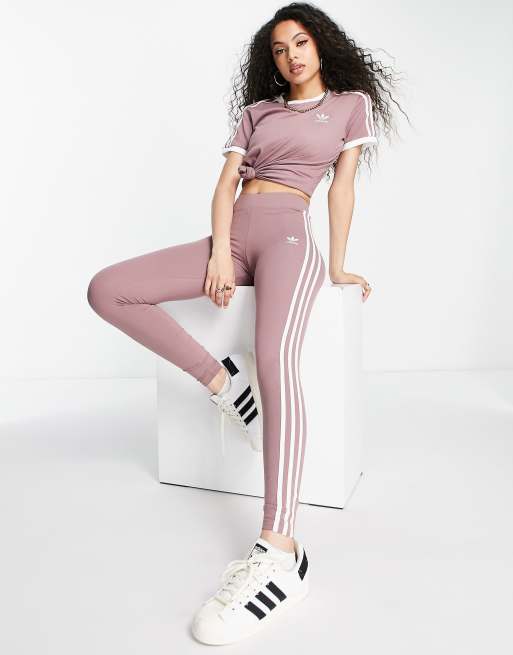 adidas Originals 3 stripe leggings in mauve