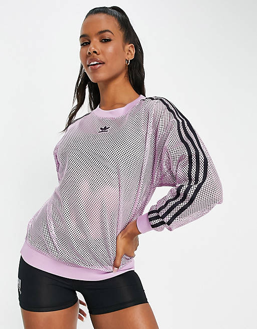 adidas Originals 3 stripe mesh sweatshirt in pink