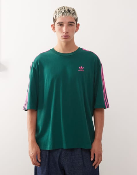 adidas Originals 3 stripe oversized t-shirt in green and pink - view 1