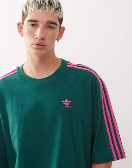 adidas Originals stripe oversized t-shirt in green and pink ASOS