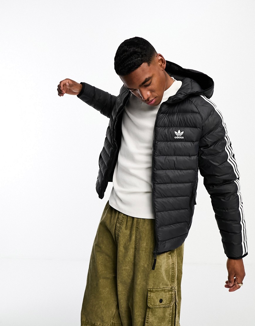 adidas Originals 3 stripe padded hooded jacket in black