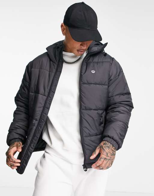 familia real Intenso Rugido adidas Originals 3 stripe padded jacket with hood in black | ASOS