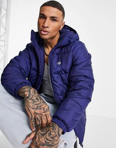 아디다스 맨 패딩 adidas Originals 3 stripe padded jacket with hood in navy,Navy