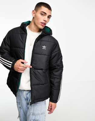 adidas Originals 3 stripe reversible puffer jacket in black and green ...