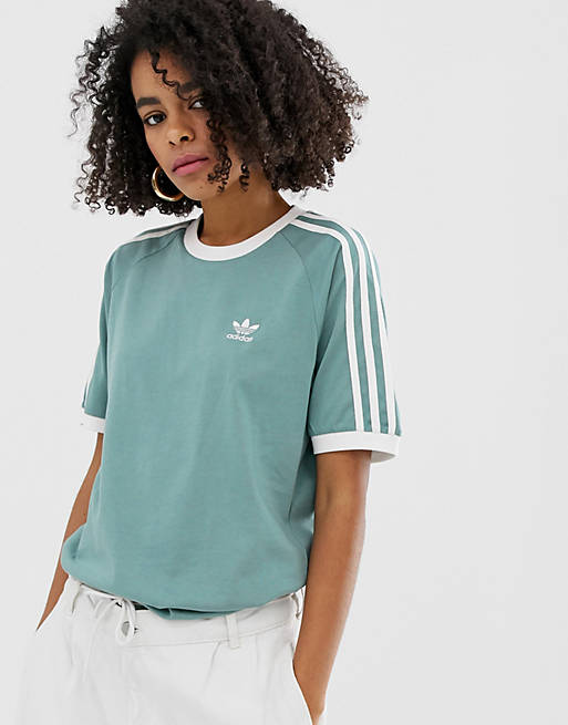 adidas Originals 3 stripe ringer t-shirt in green | ASOS