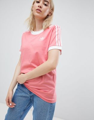 Adidas Originals 3 Stripe Ringer T-Shirt In Pink