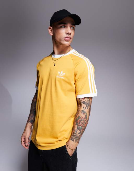 adidas Originals 3 stripe ringer t shirt in yellow