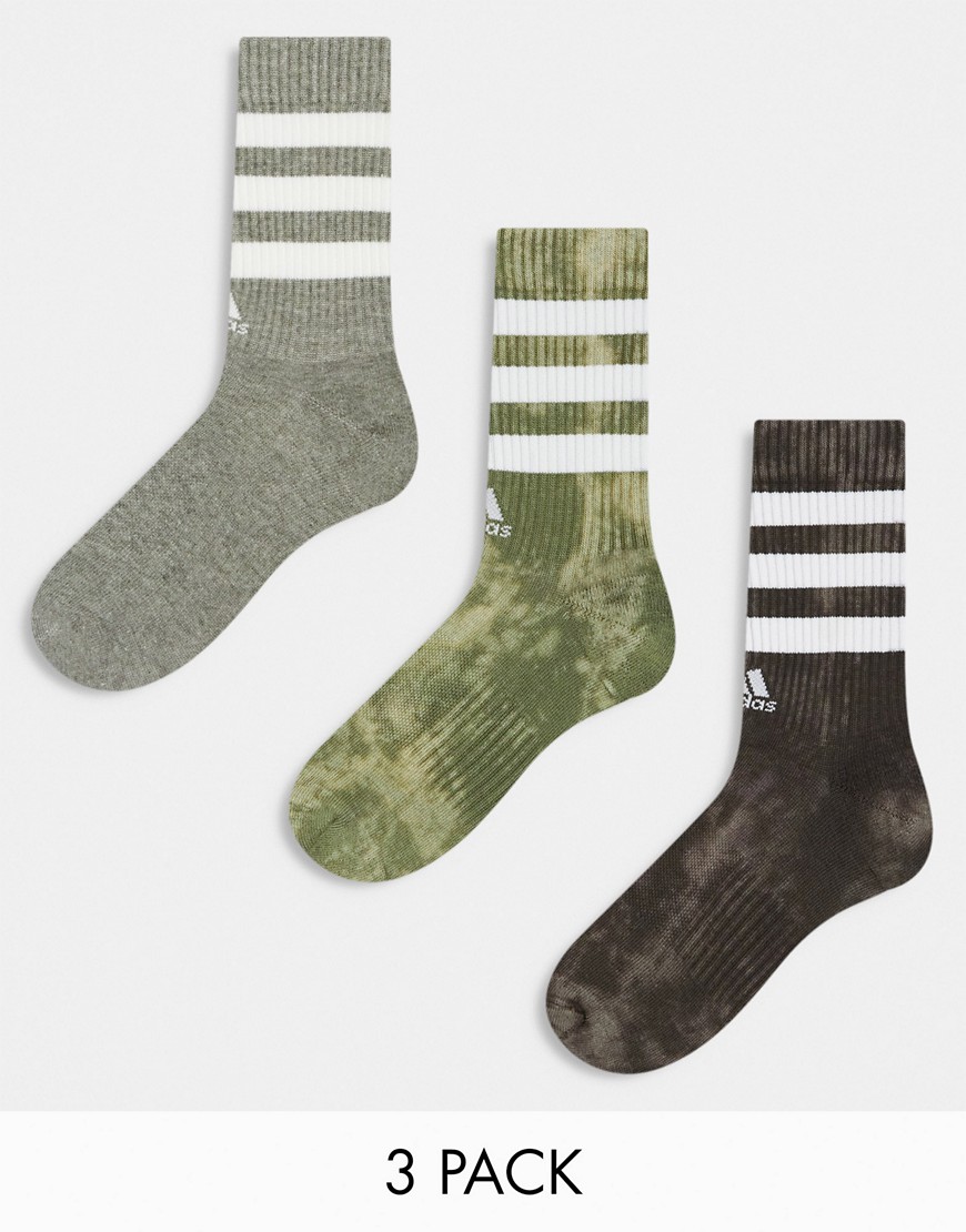 adidas Originals 3-stripe socks in washed grey, khaki and brown-Multi