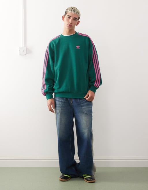 adidas Originals 3 stripe sweatshirt in green and pink
