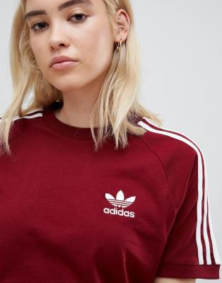 adidas 3 stripe t shirt womens burgundy
