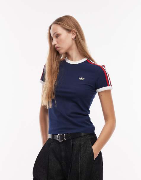 adidas Originals 3 stripe t-shirt in navy with red detailing - view 1