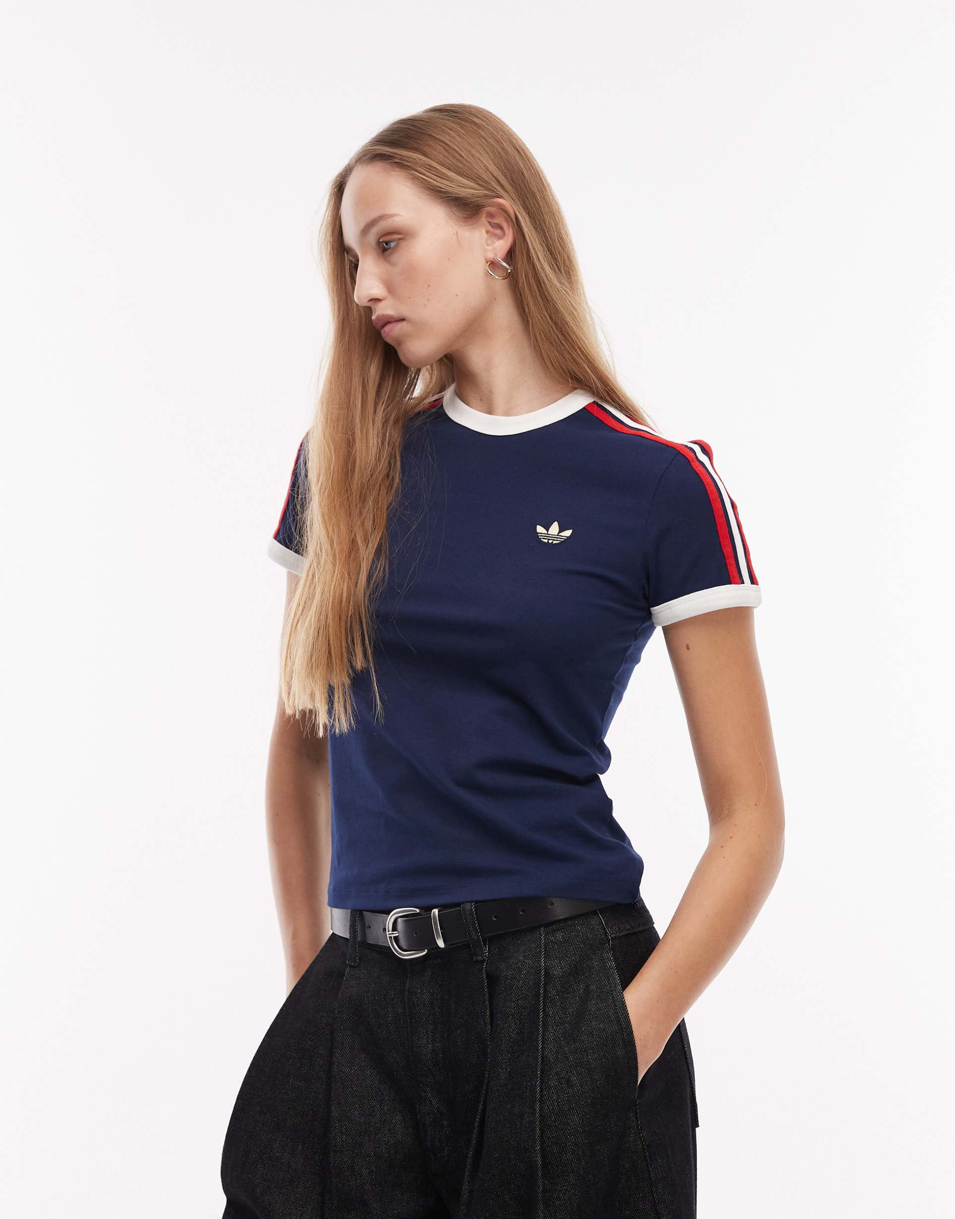 adidas originals 3 stripe t-shirt in navy with red detailing