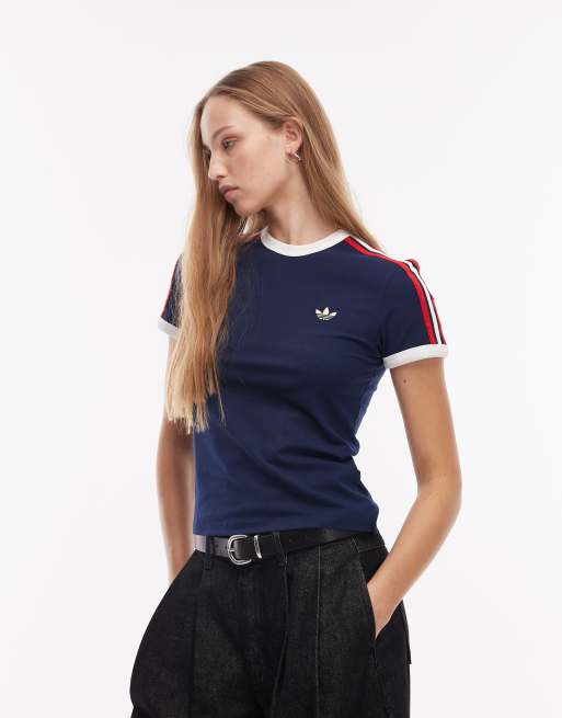 adidas Originals 3 stripe t-shirt in navy with red detailing | ASOS