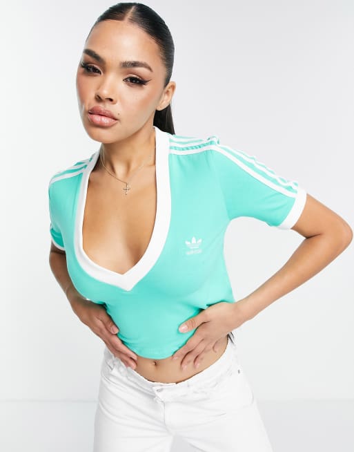 adidas Originals 3 stripe v-neck cropped top in green | ASOS