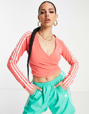 Adidas Originals 3 Stripe Vneck Long Sleeve Cropped Top In Pinkorange ModeSens