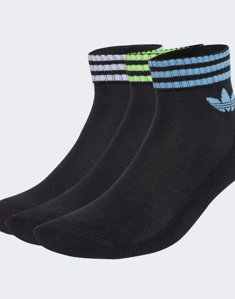 adidas Originals 3-stripes ankle socks 3 pairs in black / ash blue / signal gree - view 1