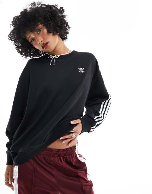 Adidas 3 stripe black crew neck sweatshirt hotsell