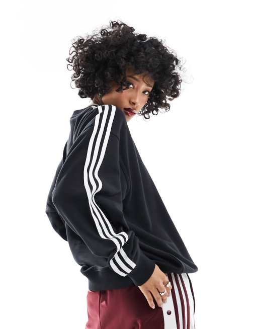 Black adidas sweatshirt with white stripes best sale