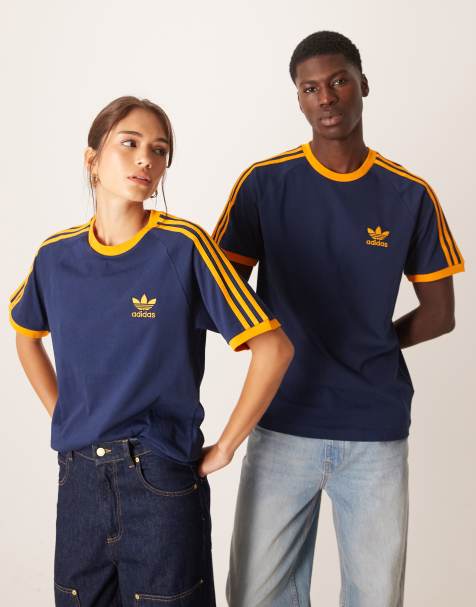 adidas Originals 3-Stripes t-shirt in navy and orange - view 1