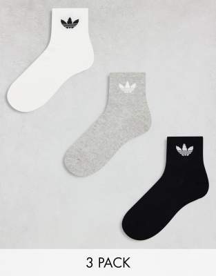 adidas Originals - 3er-Pack knöchelhohe Socken in Weiß, Grau und Schwarz-Bunt