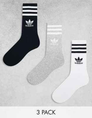 adidas Originals - 3er-Pack mittelhohe Crew-Socken in Weiß, Grau und Schwarz-Bunt