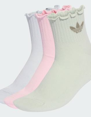 adidas Originals - 3er-Pack Socken in Clear Pink/ Grün mit Rüschensaum-Rosa