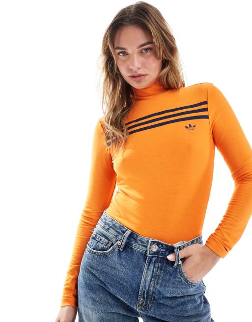 adidas Originals 70s long sleeve 3 stripe top in orange