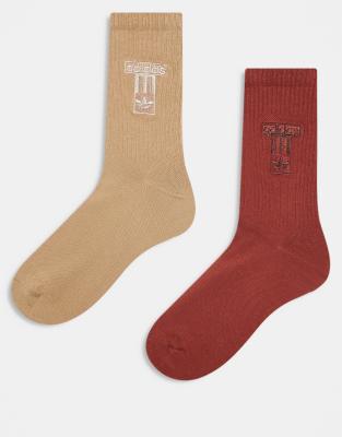 adidas Originals adibreak 2 pack crew socks in beige and rust-Neutral