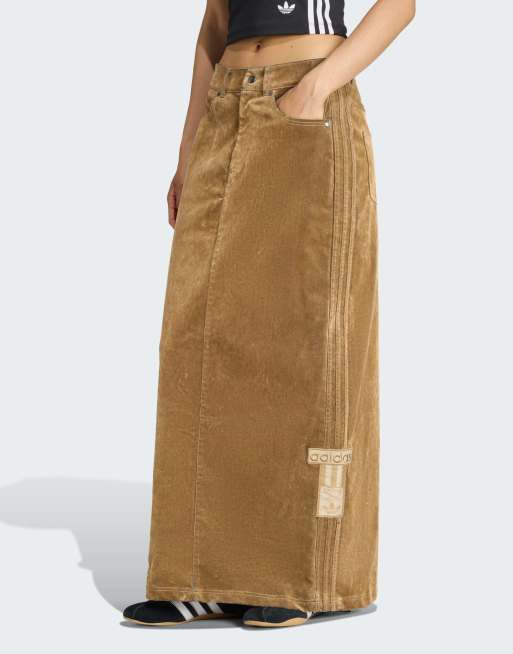 adidas Originals - Adibreak - Papbrun maxinederdel i børstet twill