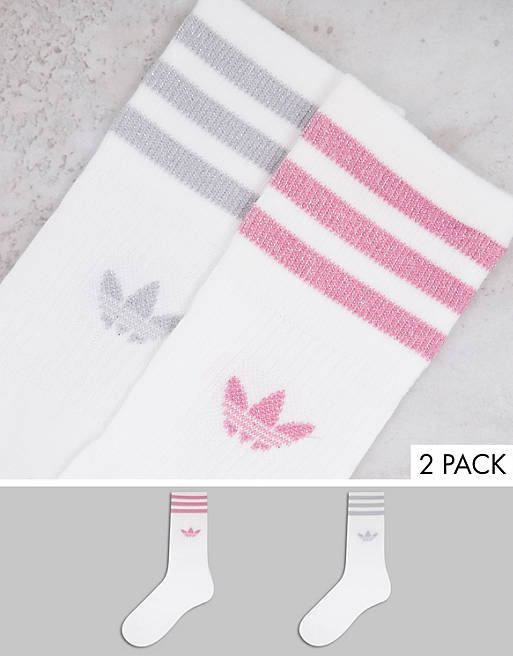 adidas Originals adicolor 2 pack mid length socks in white with glitter