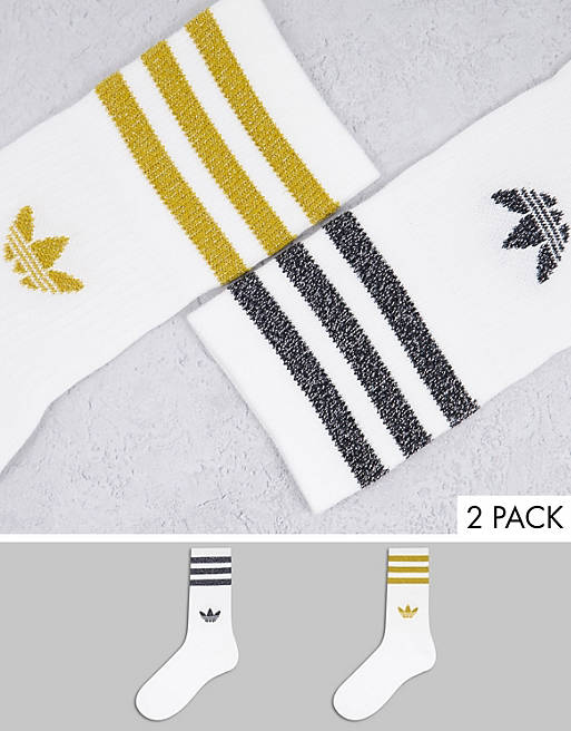 adidas Originals adicolor 2 pack mid length socks in white with glitter