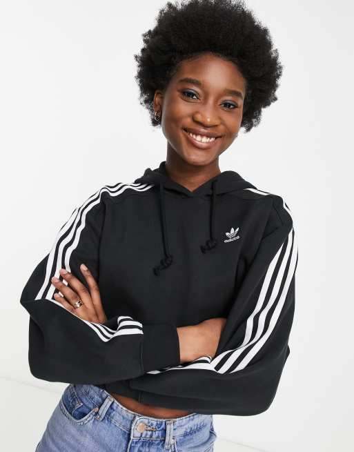 adidas Originals adicolor 3 stripe cropped hoodie in black