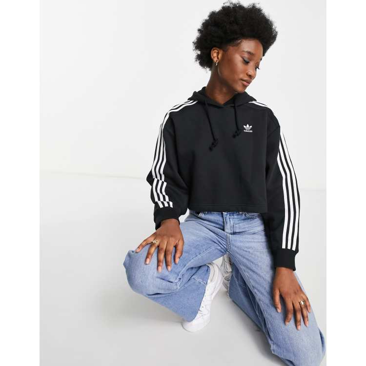 Adidas originals adicolor three stripe cropped hoodie in black discount