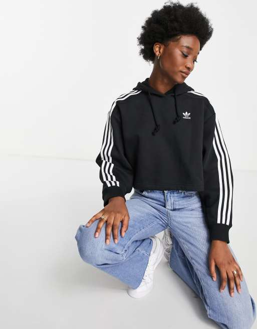 adidas Originals adicolor 3 stripe cropped hoodie in black | ASOS