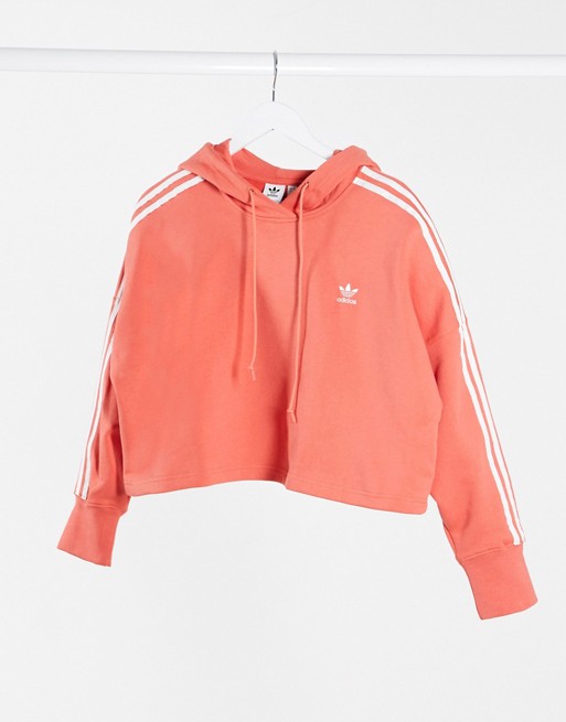 adidas Originals adicolor 3 stripe cropped hoodie in coral