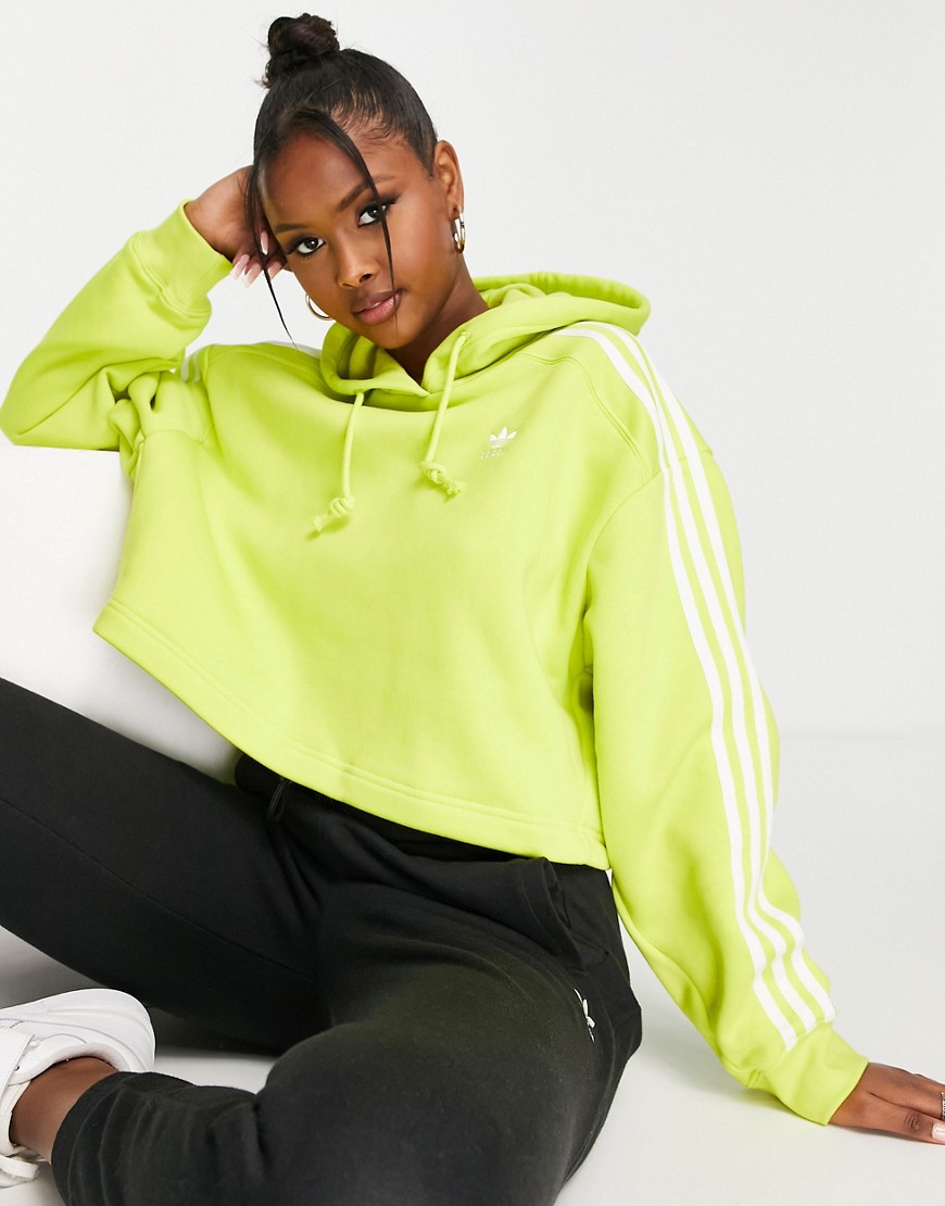 Adidas Originals adicolor 3 stripe cropped hoodie in lime-Green