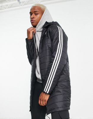 adidas Originals Adicolor 3 stripe hooded longline puffer jacket in black