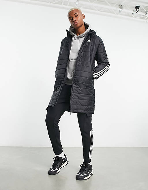 adidas Originals Adicolor 3 stripe hooded longline puffer jacket in black |  ASOS | Trainingsjacken