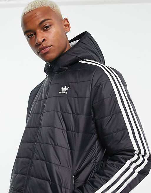 adidas Originals Adicolor 3 stripe hooded longline puffer jacket in black |  ASOS