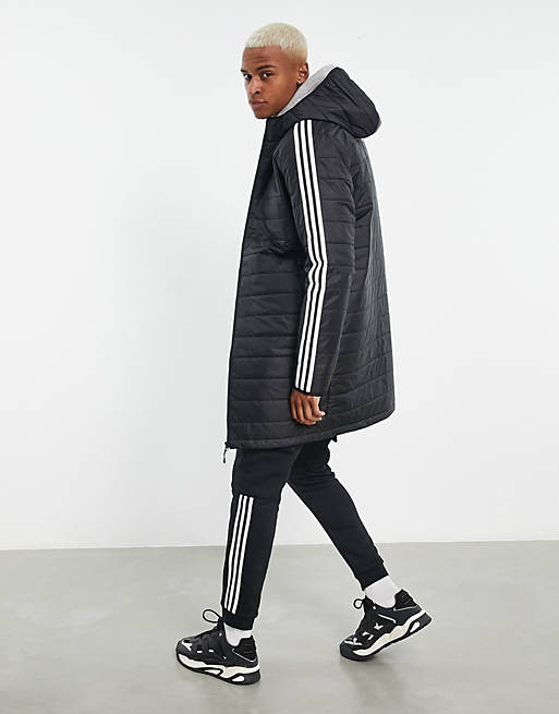 adidas Originals Adicolor 3 stripe hooded longline puffer jacket in black |  ASOS