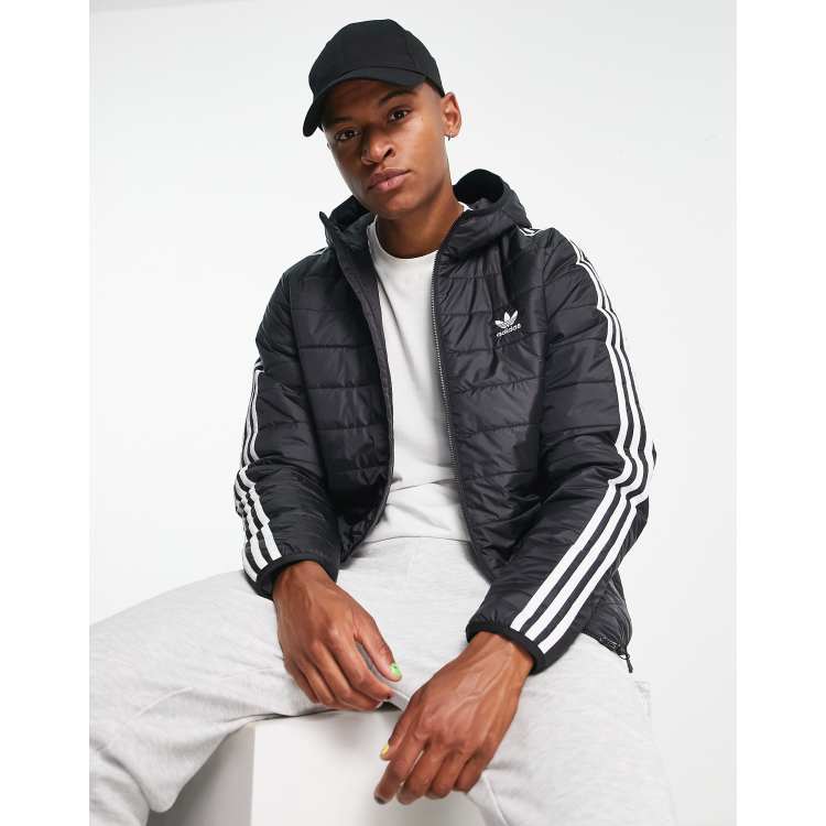 adidas Originals Adicolor 3 stripe hooded puffer jacket in black | ASOS