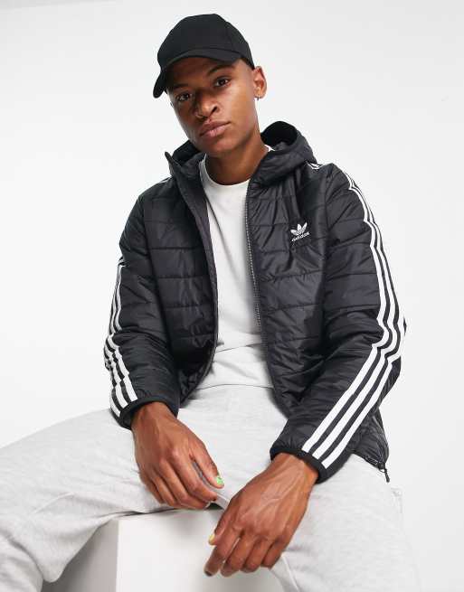 adidas Originals Adicolor 3 stripe hooded puffer jacket in black | ASOS