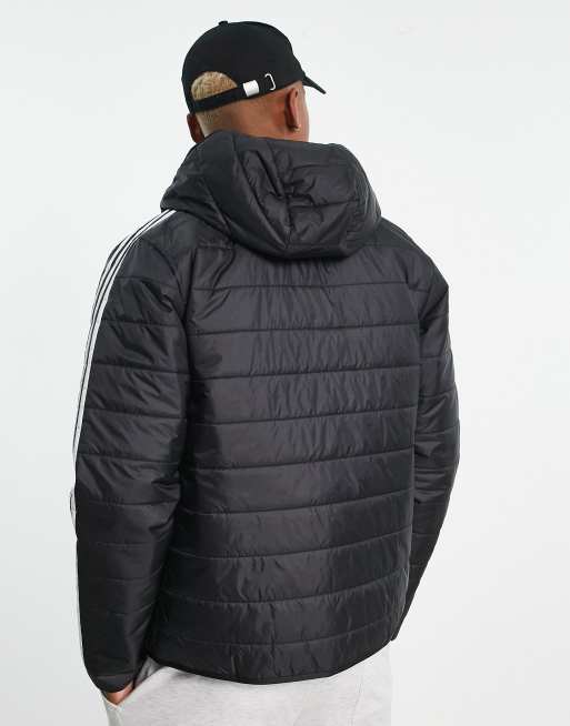 adidas Originals Adicolor 3 stripe hooded puffer jacket in black | ASOS