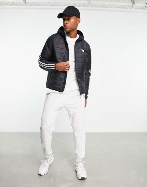 adidas Originals Adicolor 3 stripe hooded puffer jacket in black | ASOS