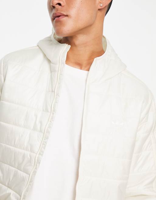 adidas Originals Adicolor 3 stripe hooded puffer jacket in off white