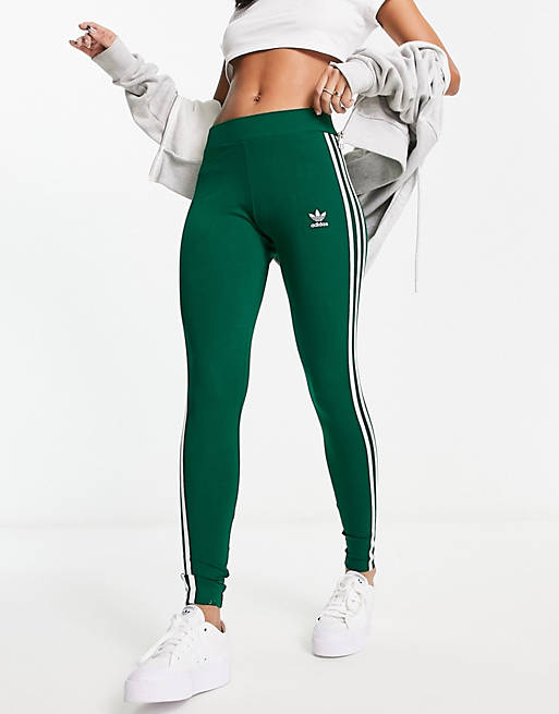 adidas Originals green leggings in 3 stripe Adicolor ASOS | dark