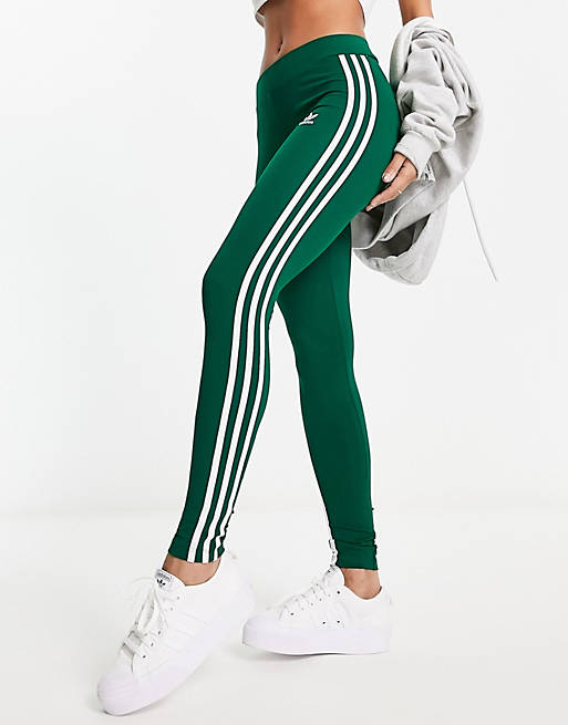 adidas Originals Adicolor 3 stripe leggings in dark green | ASOS