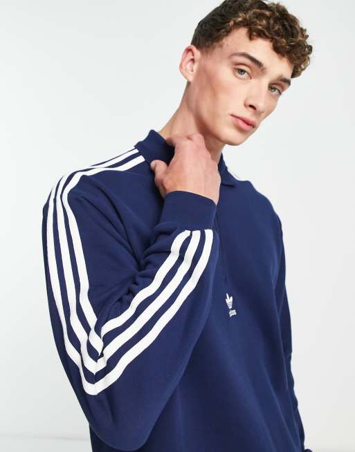 adidas Originals Adicolor 3 stripe long sleeve 1 2 zip polo in navy