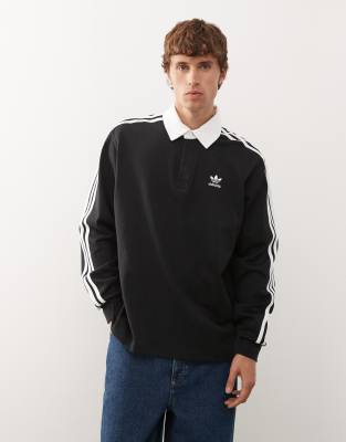adicolor 3 stripe long sleeve polo in black