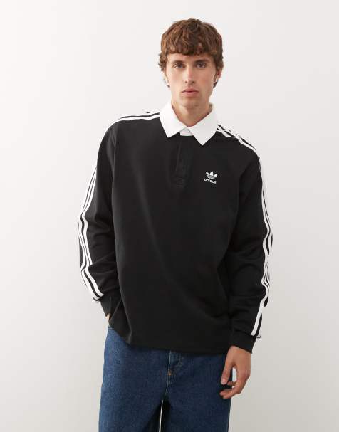 adidas Originals adicolour 3 stripe long sleeve polo in black